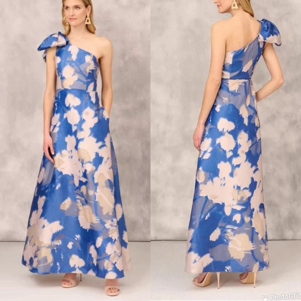 Aidan Mattox Blue and Cream One-Shoulder Floral Gown